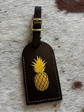🆕 Brown Faux Leather Pineapple Luggage Tag Gold Tropical Travel Accessory